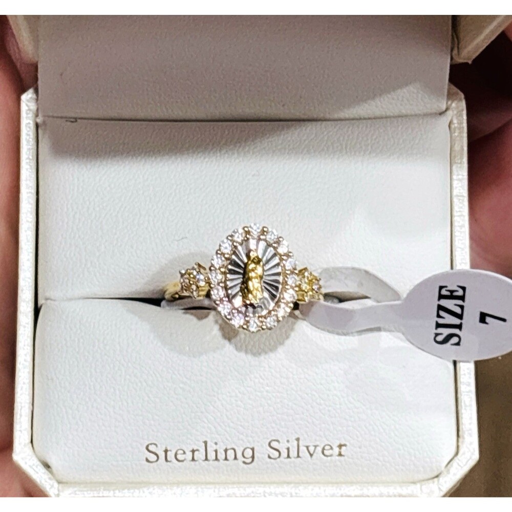 Virgin Mary Sterling Silver Ring Size 7 Gold Plated CZ Crystal NEW
